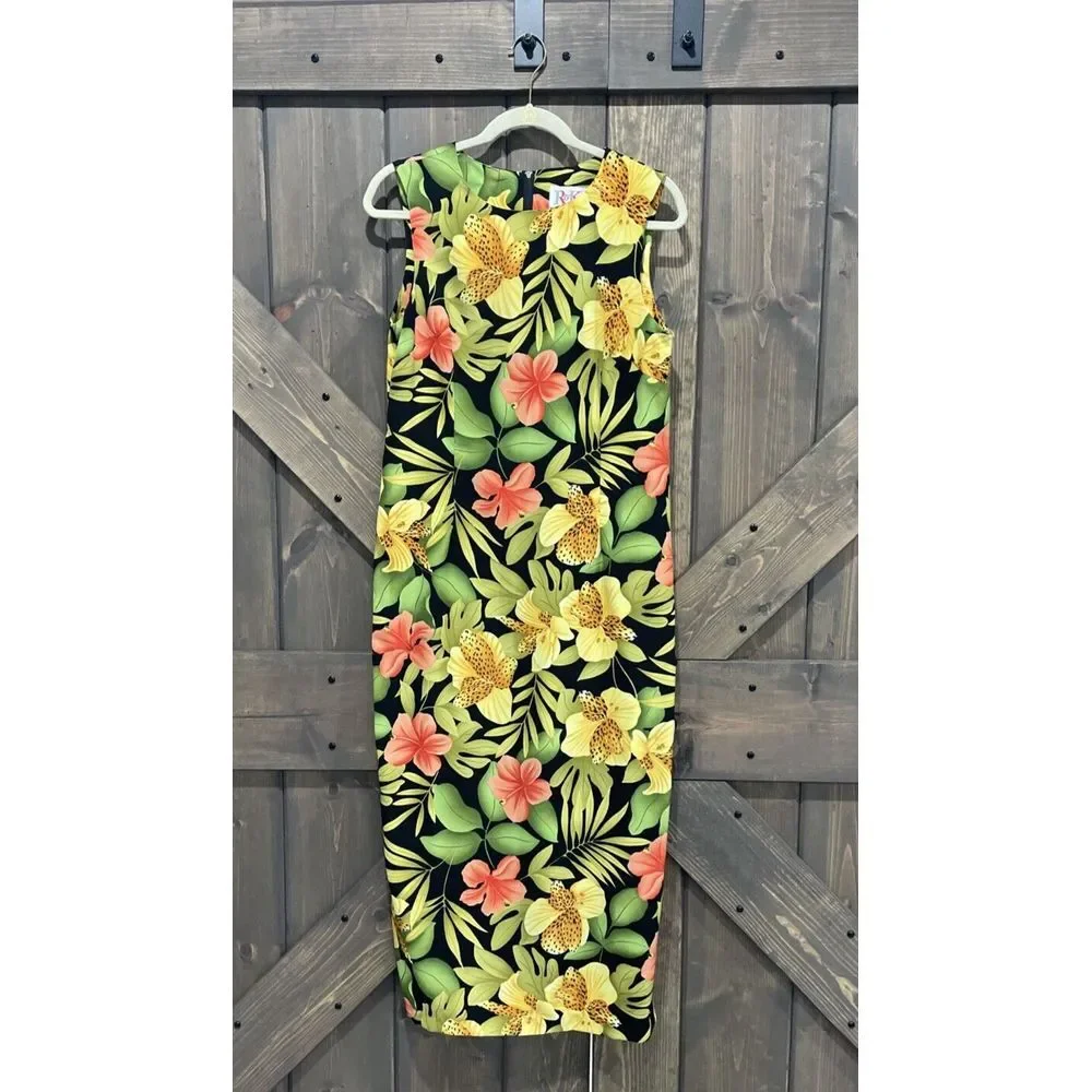 R&K Originals Tropical Floral Sleeveless Maxi Dress Side Slit with Button Sz‎ 10